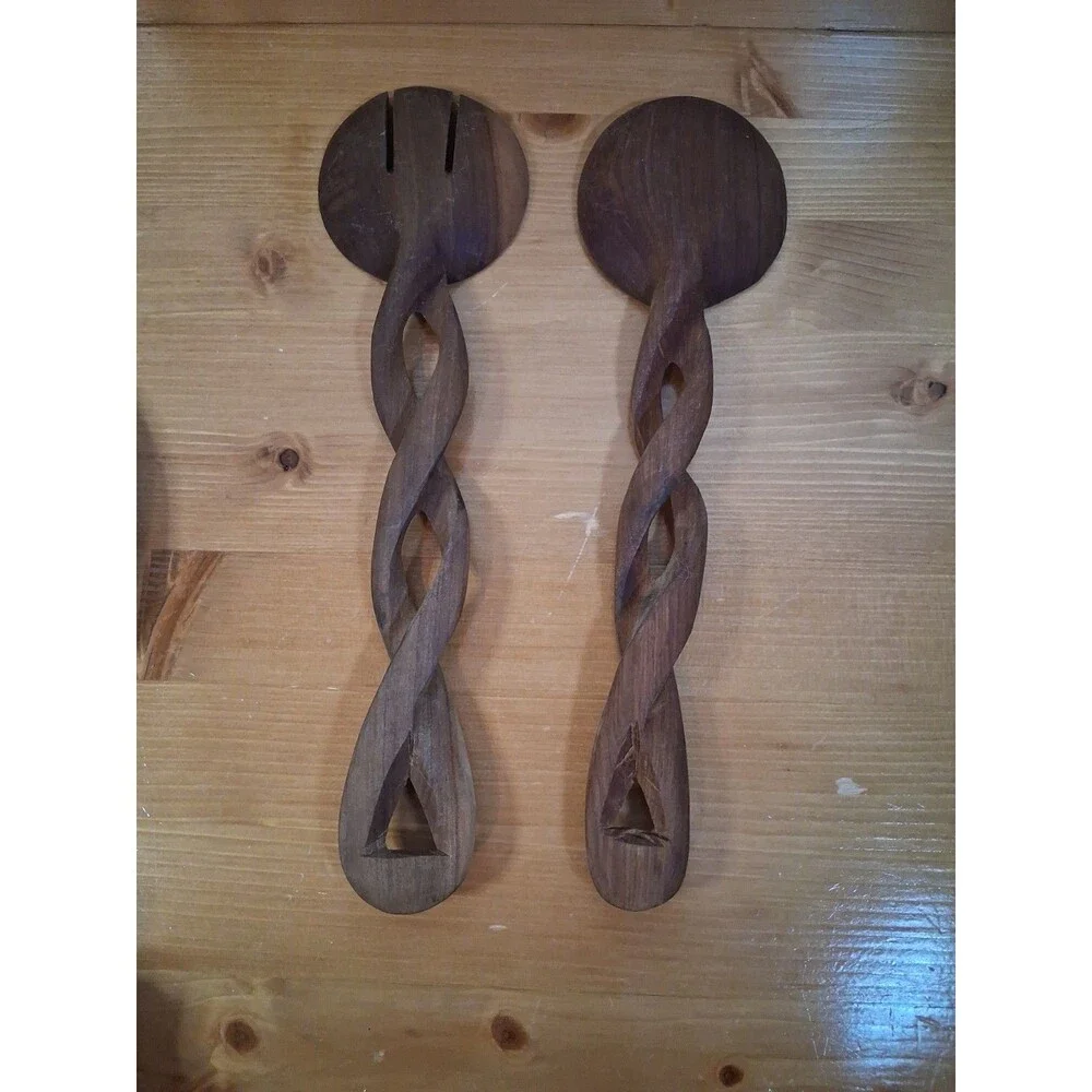 Vintage Twisted Wooden Salad Servers Utensils 12